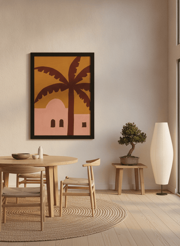 Oversized statement modern wall art print styled on the wall in a warm Japandi dining room