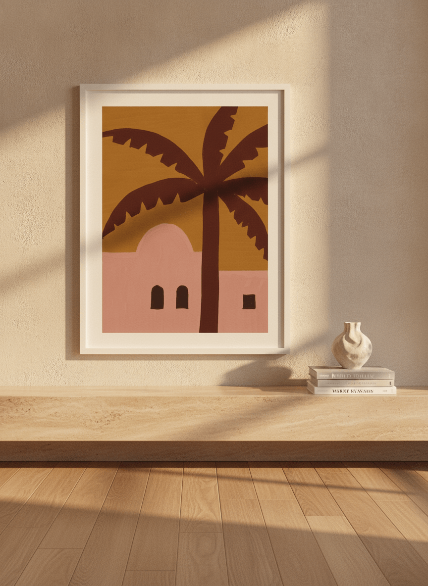 Modern wall art print styled on the wall in a luxe living room