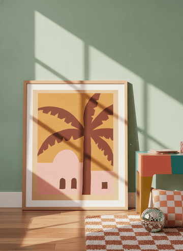 Modern wall art print leaning against the wall in a colourful eclectic home office