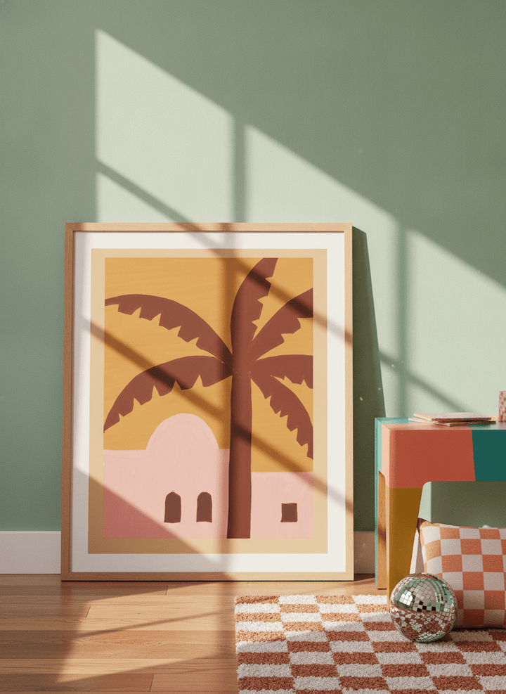 Modern wall art print leaning against the wall in a colourful eclectic home office