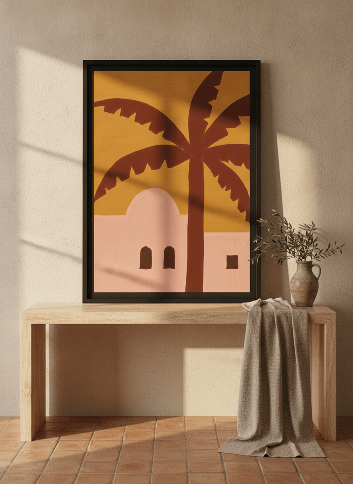 Modern wall art print standing on a console in a Mediterranean bedroom