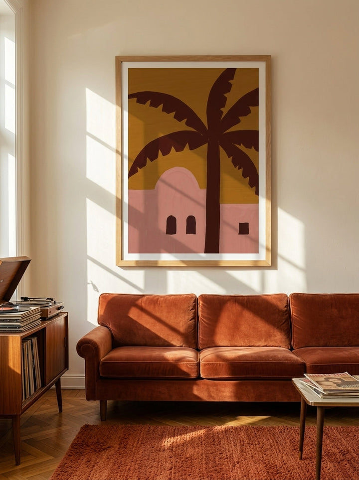 Modern wall art print styled on the wall in a retro 70s living room