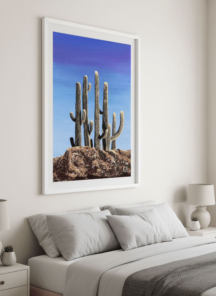 Minimalist artwork displayed in a calm, light-filled bedroom interior