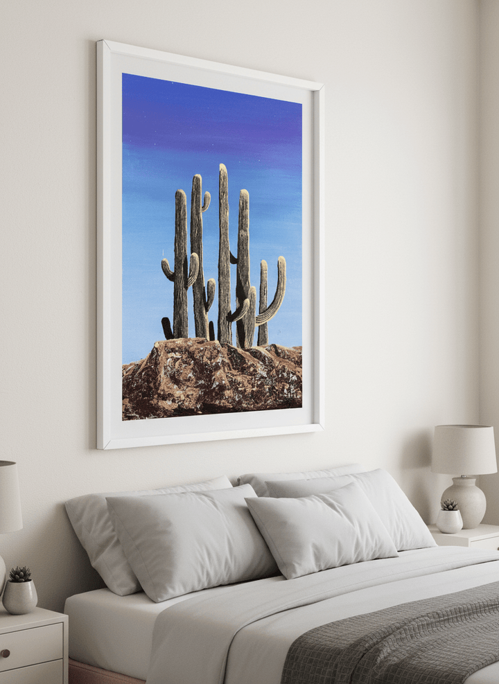 Minimalist artwork displayed in a calm, light-filled bedroom interior
