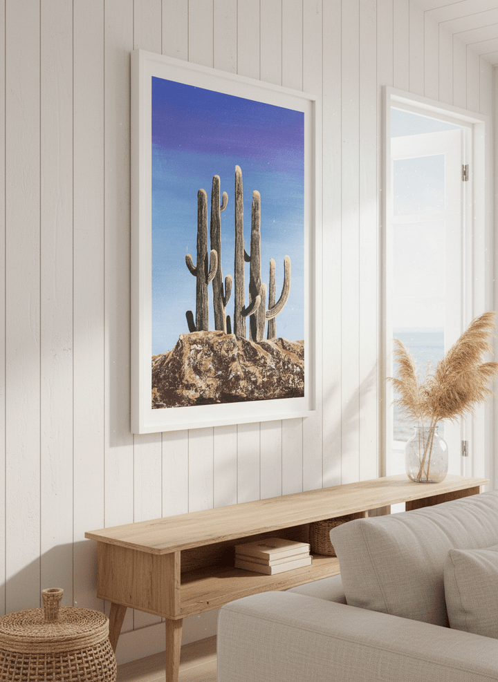 Neutral wall art displayed in a sunny coastal beach house