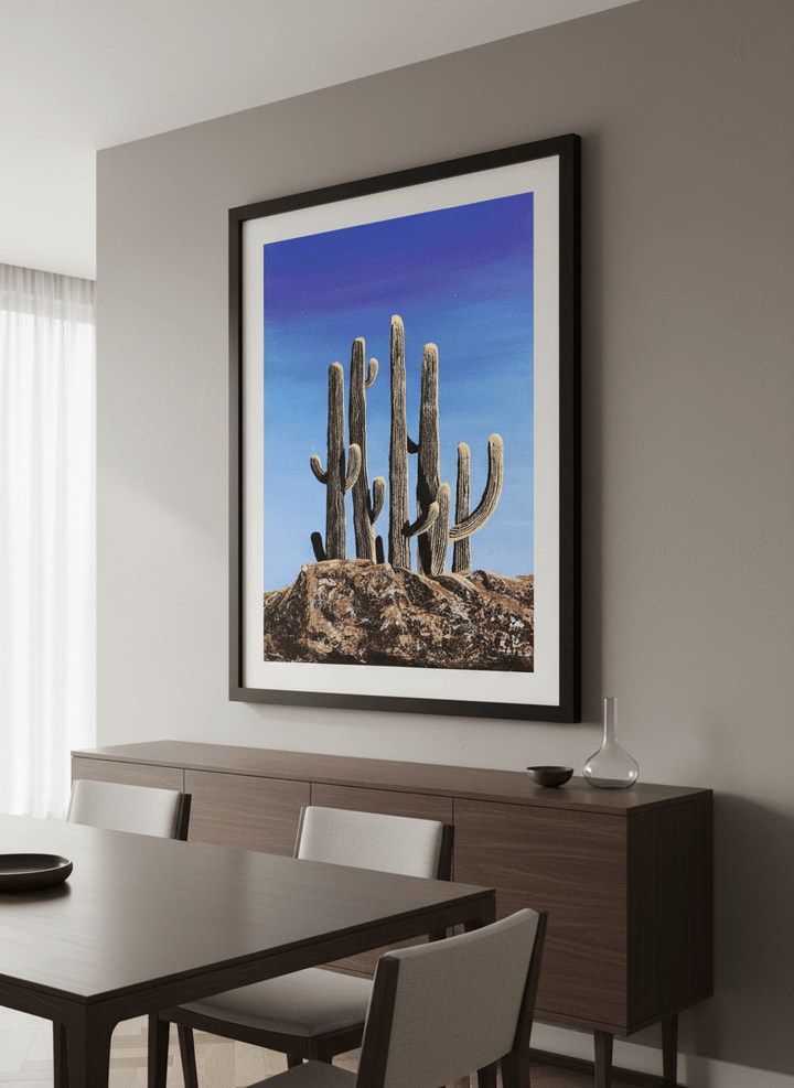 Wall art styled above a dining table in a contemporary home