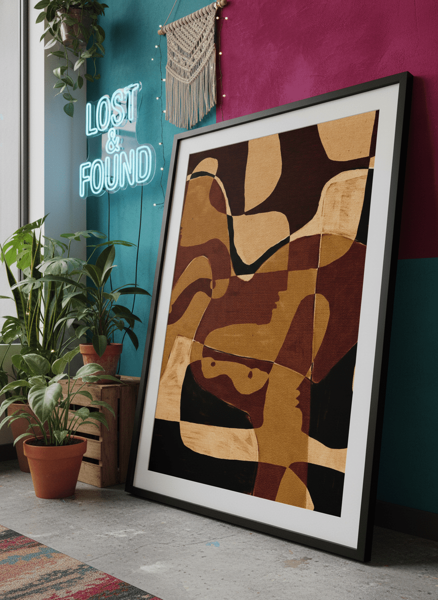 Bold wall art styled in a colourful, eclectic modern home