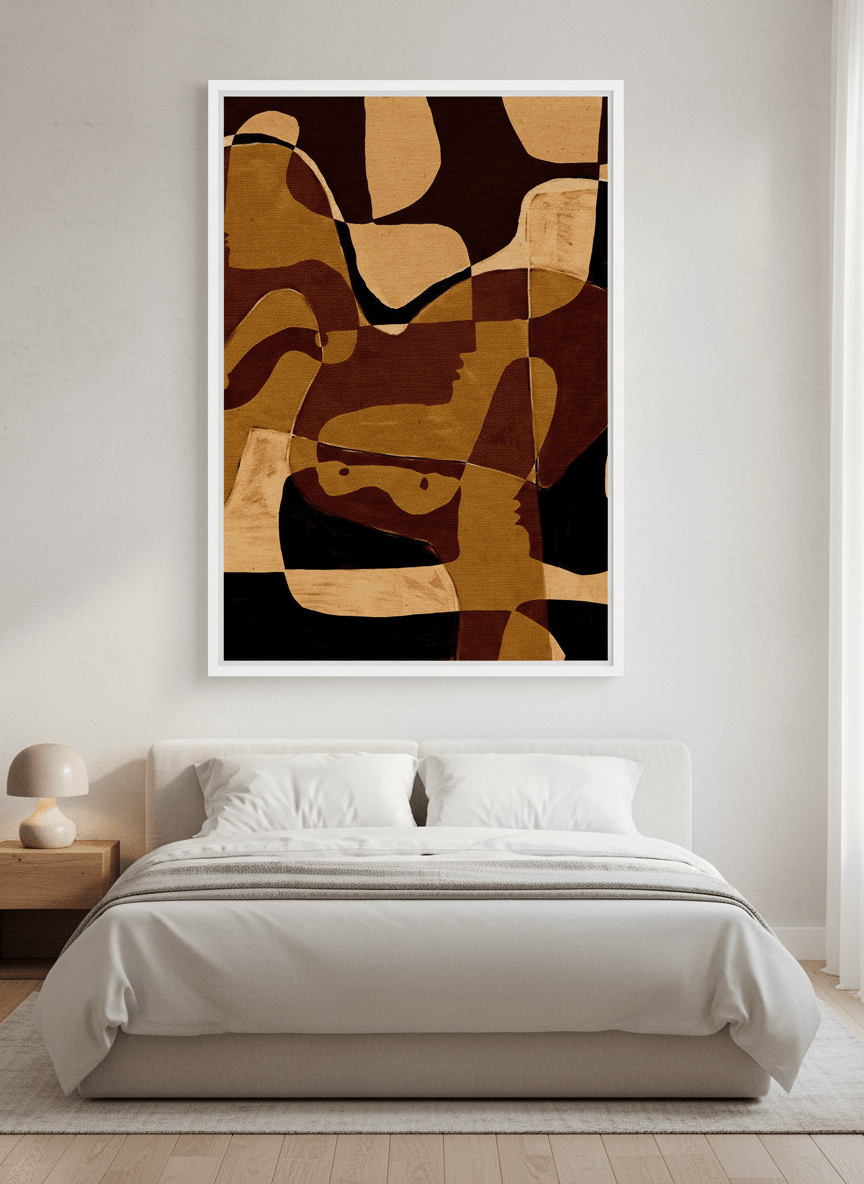 Minimalist artwork displayed in a calm, light-filled bedroom interior