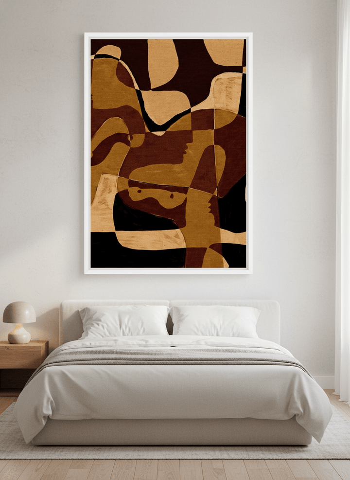 Minimalist artwork displayed in a calm, light-filled bedroom interior