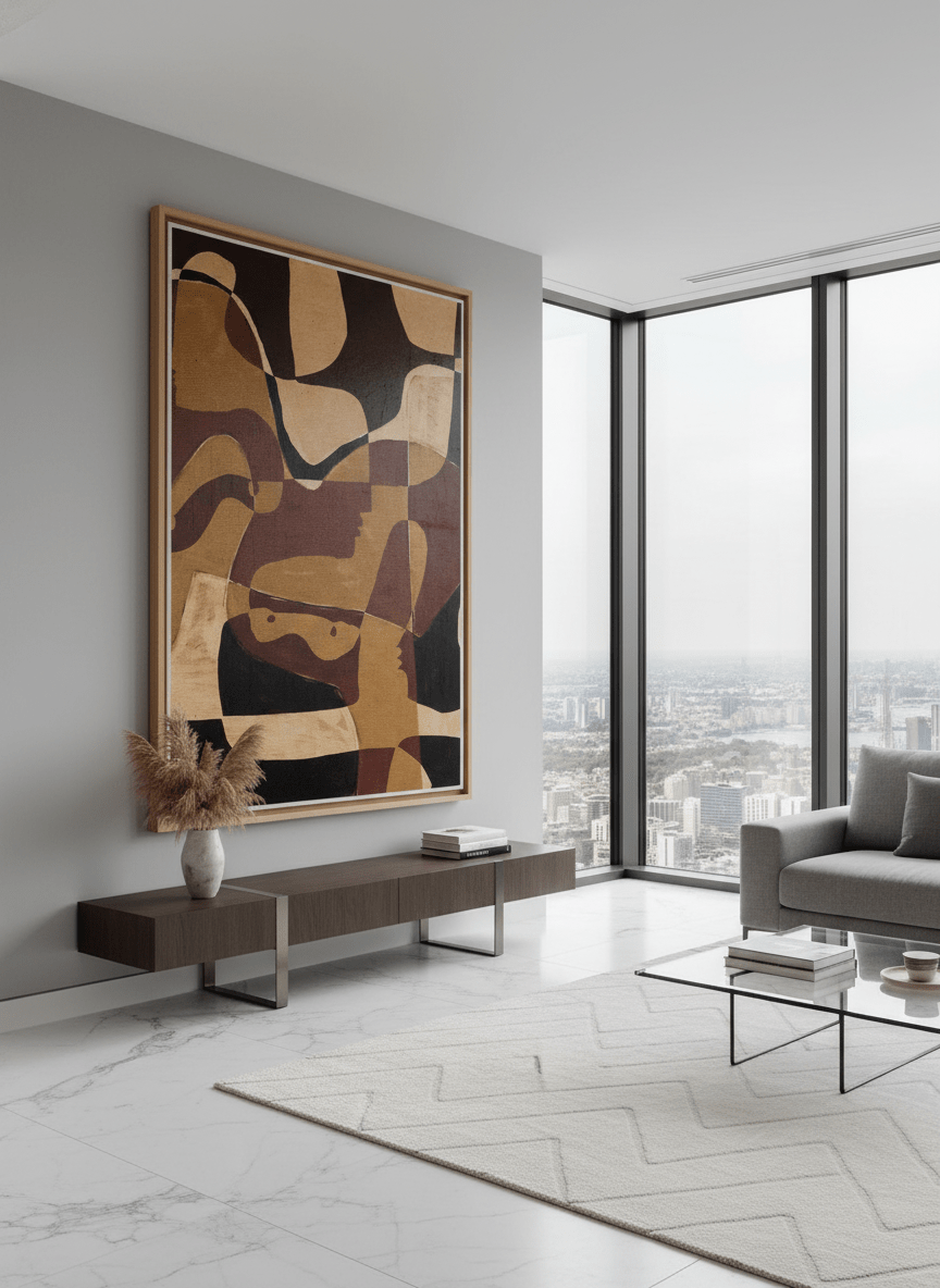 Monumental artwork centred on a feature wall in a luxe interior