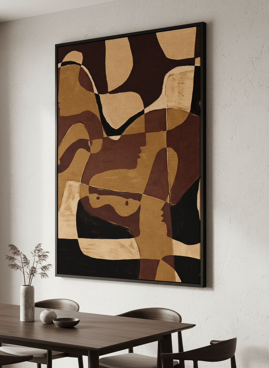 Wall art styled above a dining table in a contemporary home
