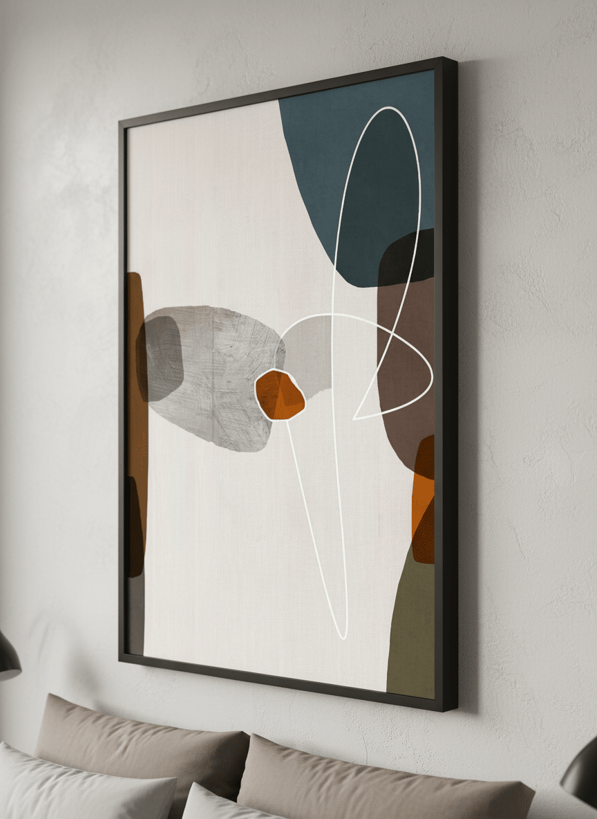 Minimalist artwork displayed in a calm, light-filled bedroom interior