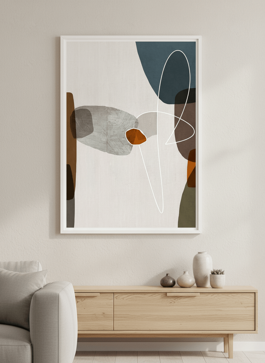 Modern wall art styled above a sofa in a neutral living room