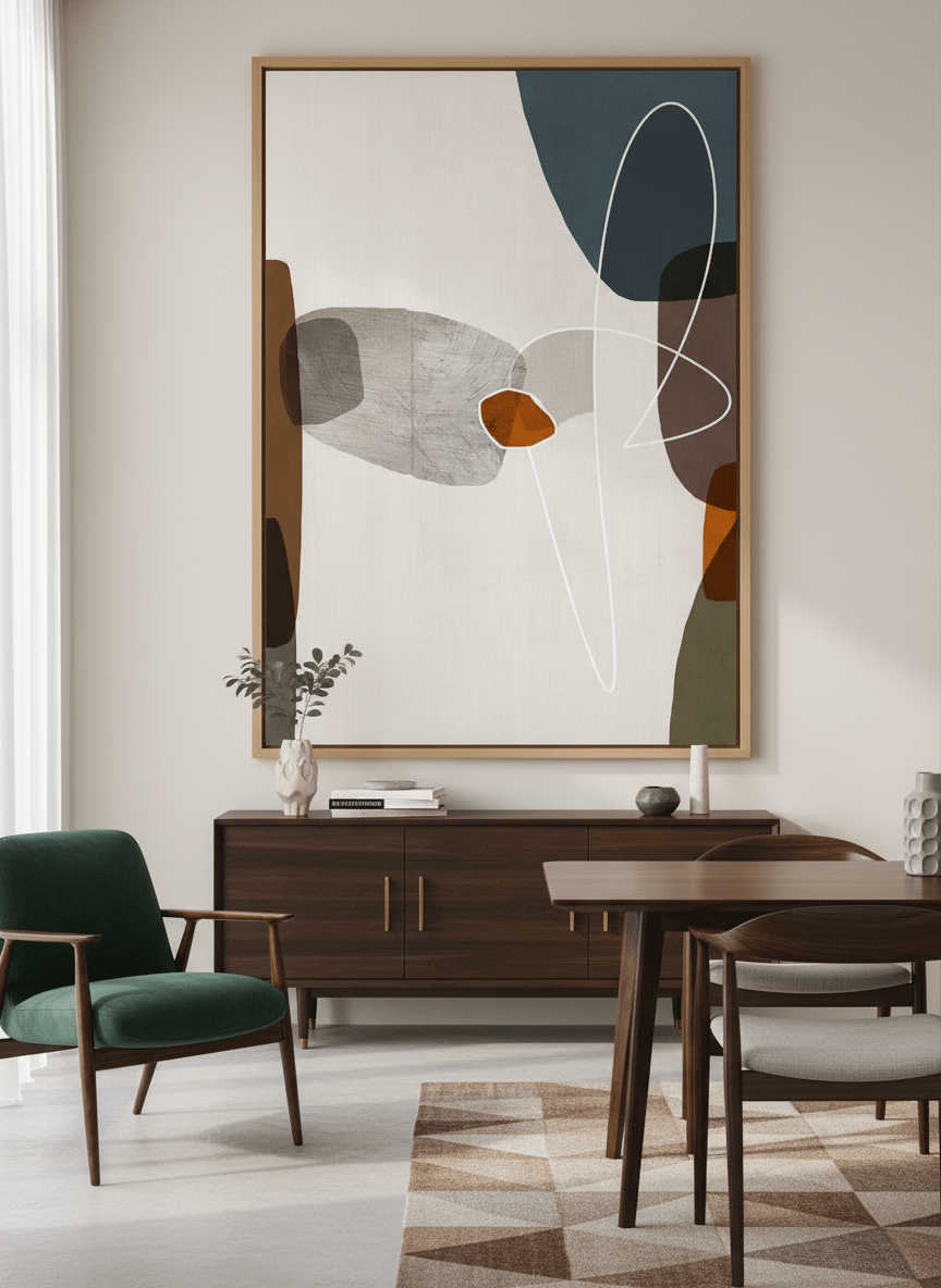 Monumental artwork centred on a feature wall in a luxe interior