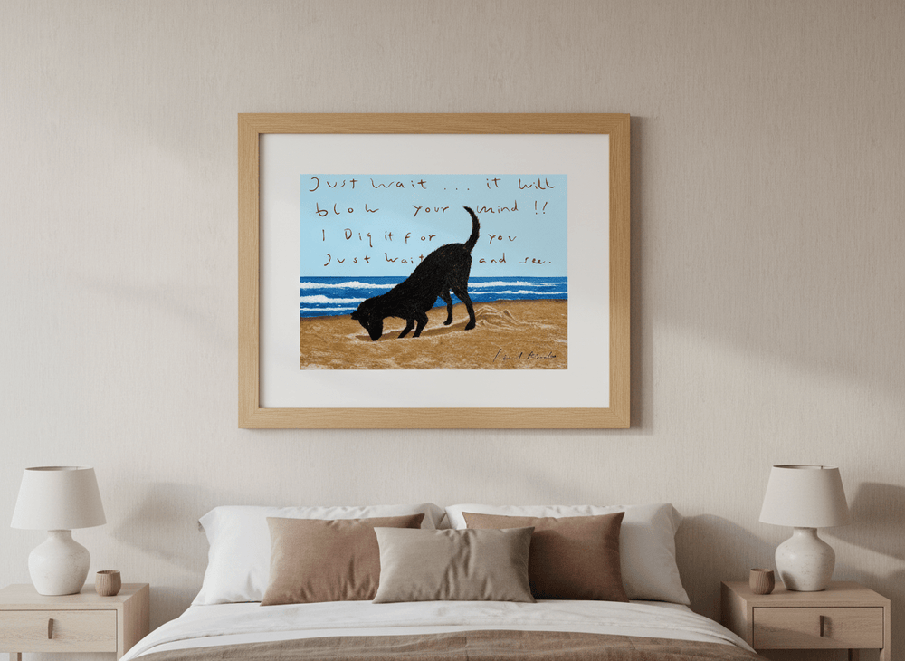 Minimalist artwork displayed in a calm, light-filled bedroom interior