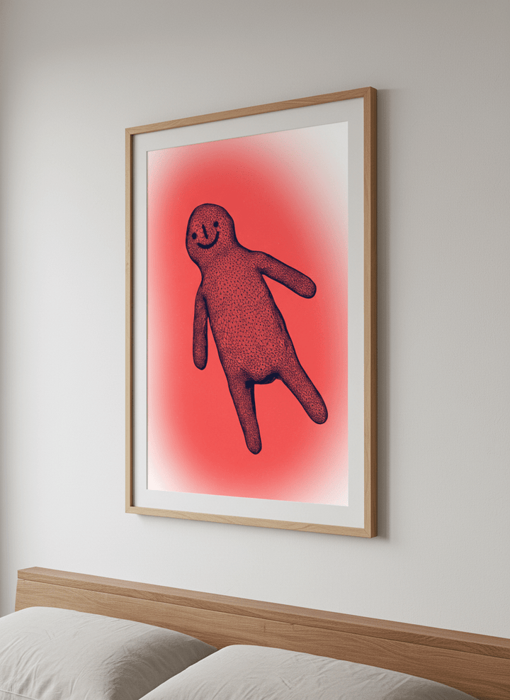Minimalist artwork displayed in a calm, light-filled bedroom interior