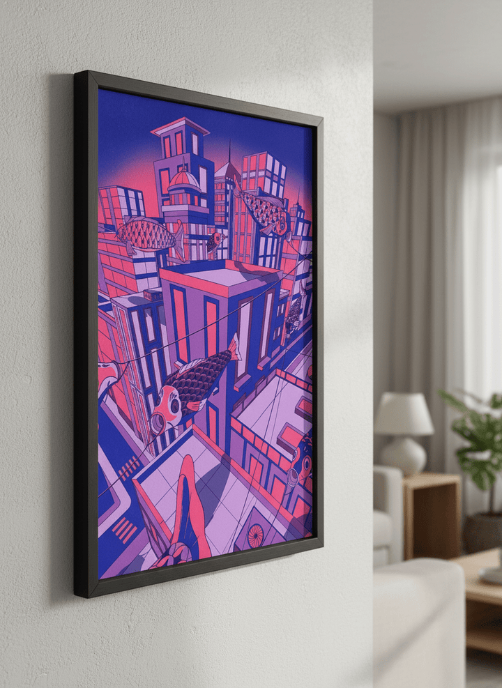 Modern wall art styled above a sofa in a neutral living room