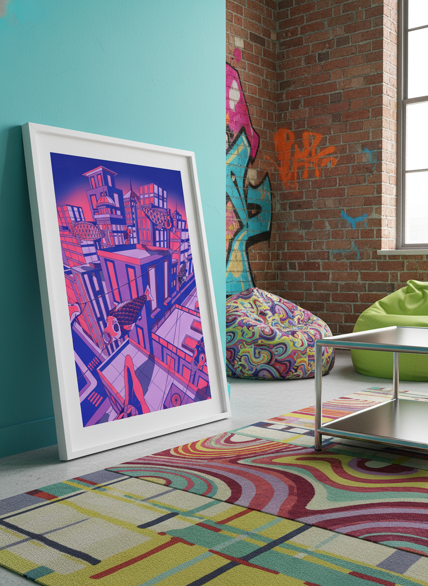 Bold wall art styled in a colourful, eclectic modern home