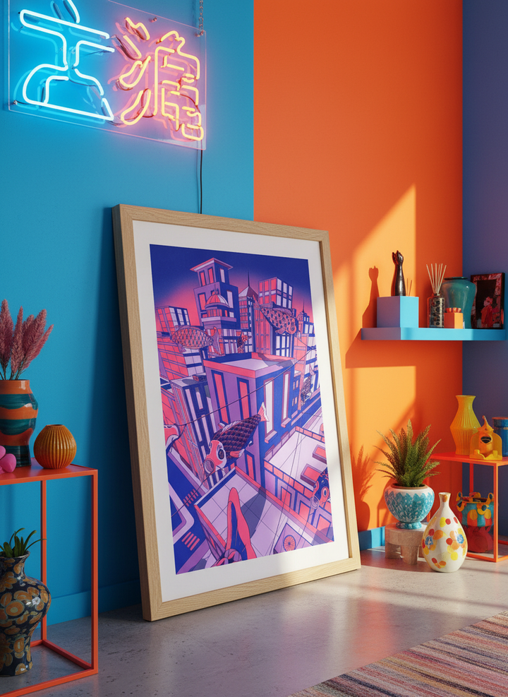 Bold wall art styled in a colourful, eclectic modern home