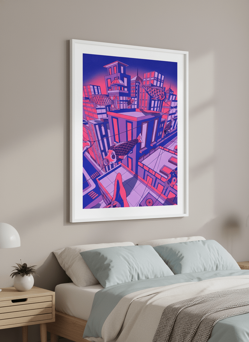 Minimalist artwork displayed in a calm, light-filled bedroom interior