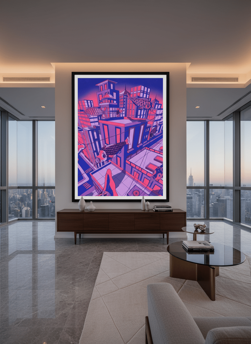 Monumental artwork centred on a feature wall in a luxe interior