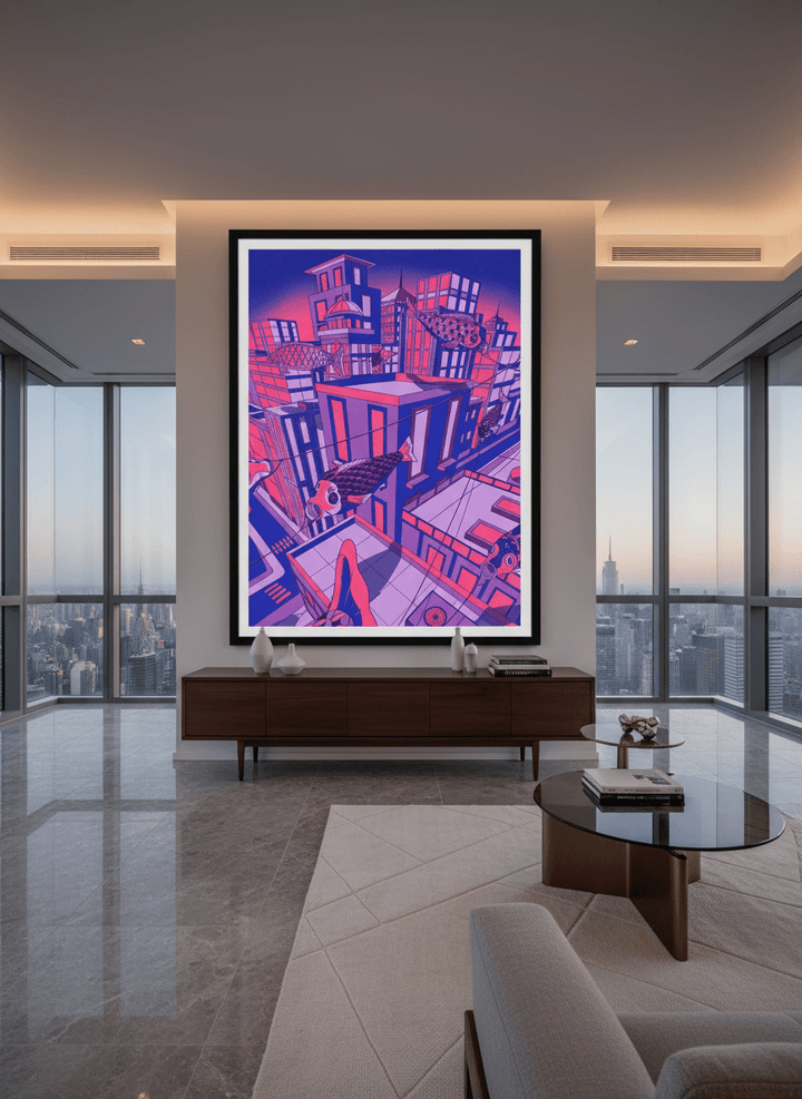 Monumental artwork centred on a feature wall in a luxe interior