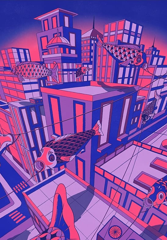 Digital Nobori City Print by Lisa Goebel