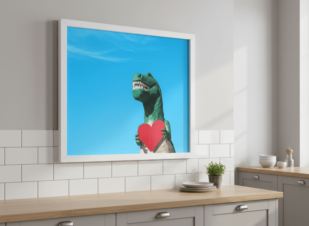 Artwork styled on the wall of a bright modern kitchen