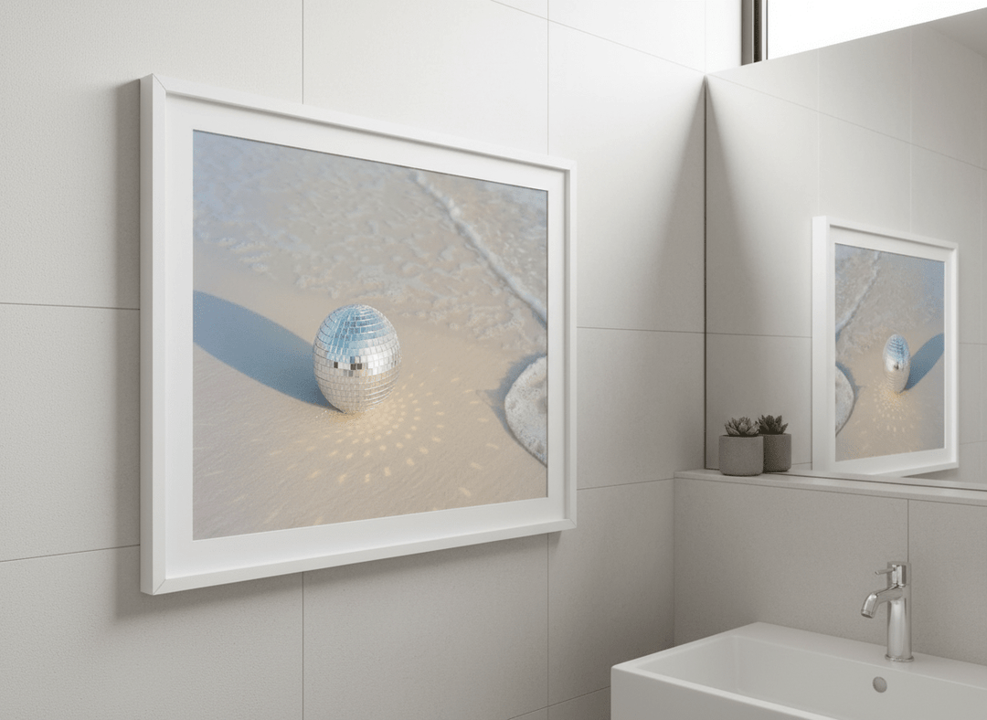 Modern print displayed in a clean minimalist bathroom setting