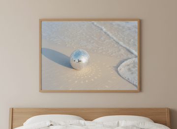 Minimalist artwork displayed in a calm, light-filled bedroom interior