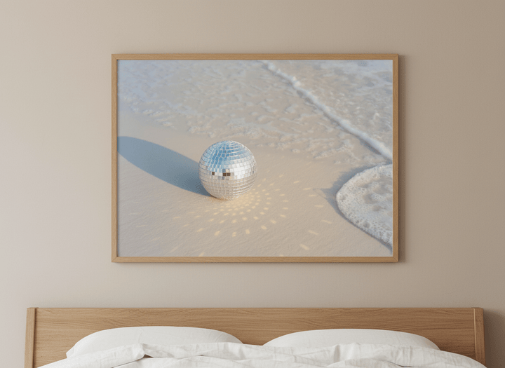 Minimalist artwork displayed in a calm, light-filled bedroom interior