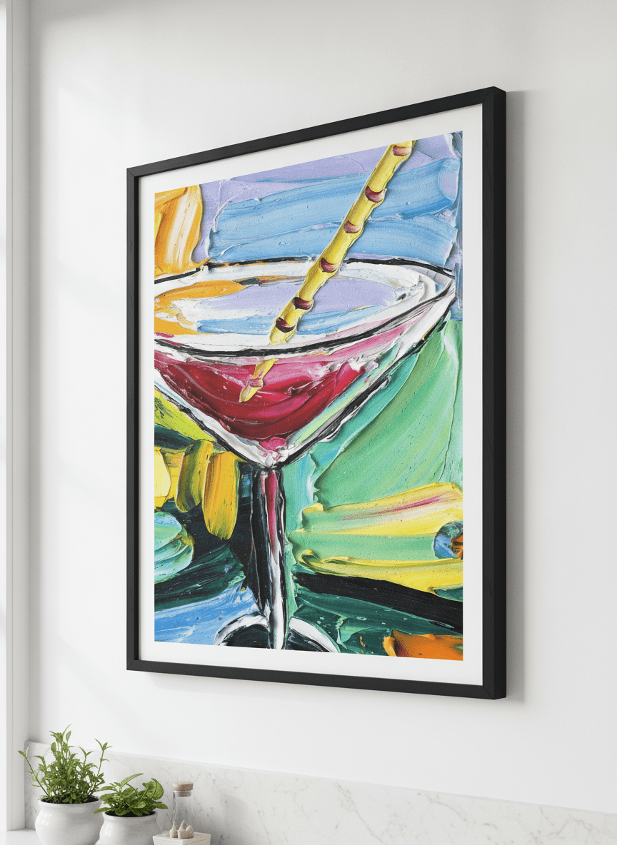 Artwork styled on the wall of a bright modern kitchen
