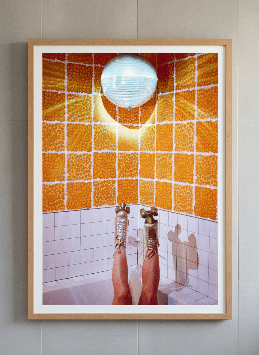 Modern print displayed in a clean minimalist bathroom setting