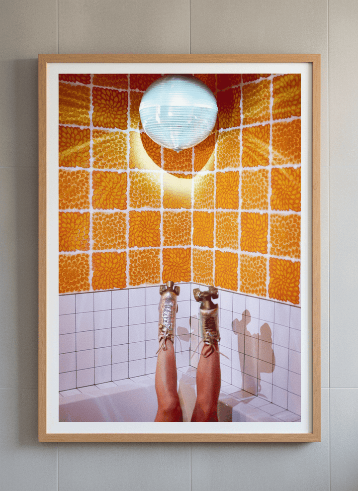 Modern print displayed in a clean minimalist bathroom setting