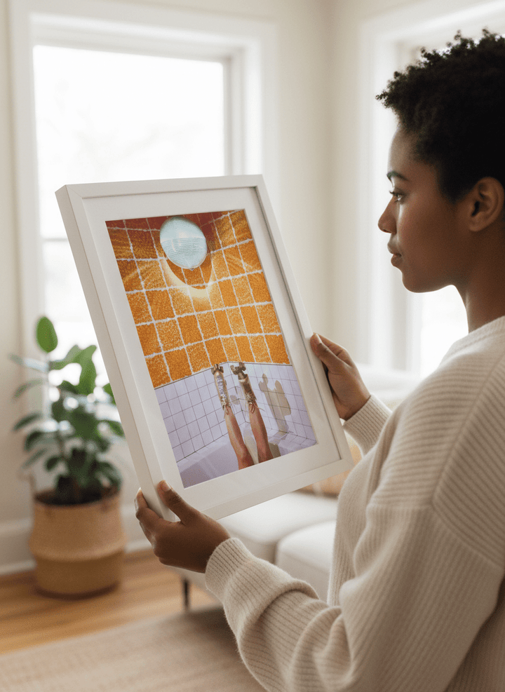 Person showcasing the artwork against a clean modern interior wall