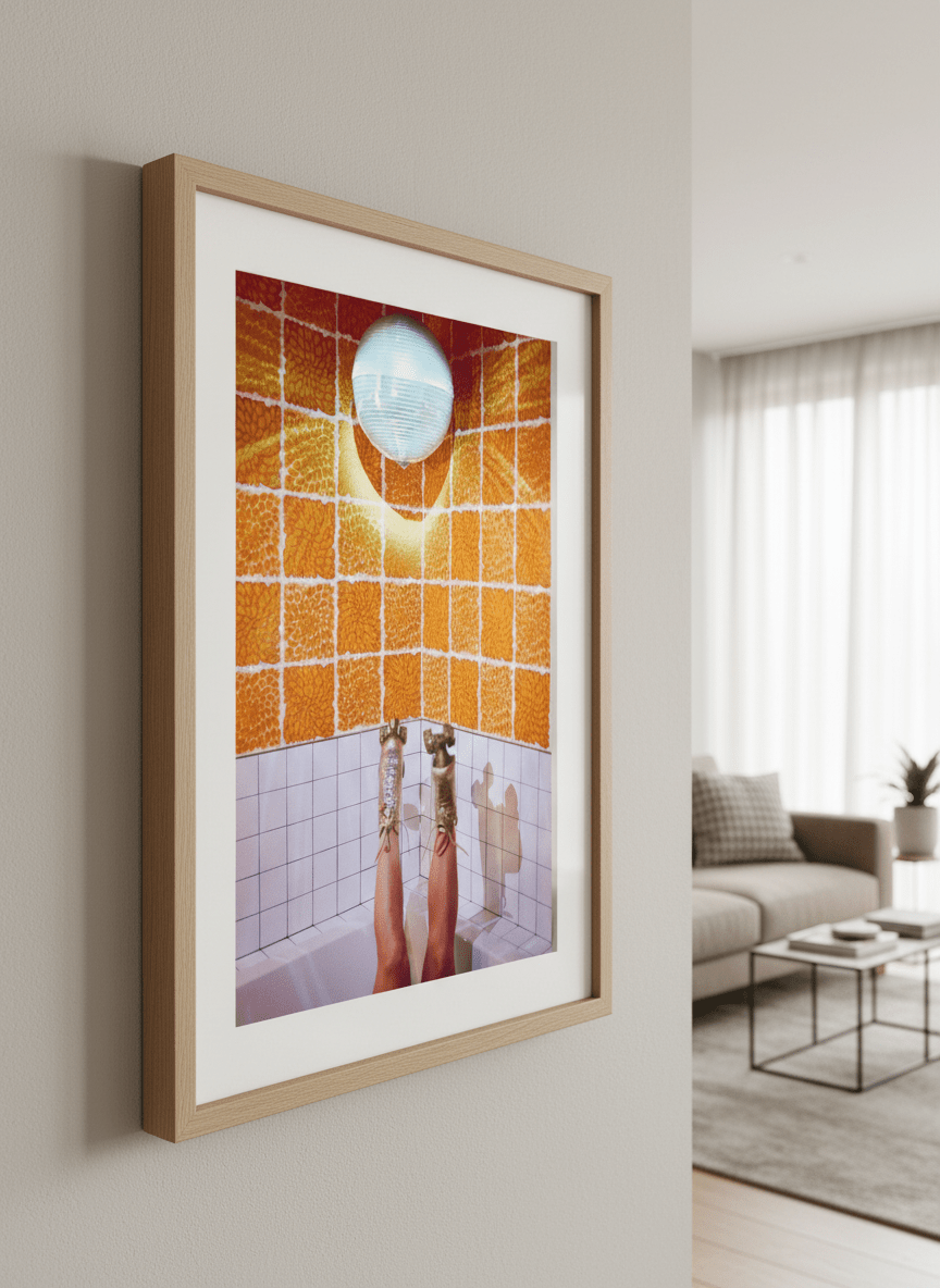 Modern wall art styled above a sofa in a neutral living room