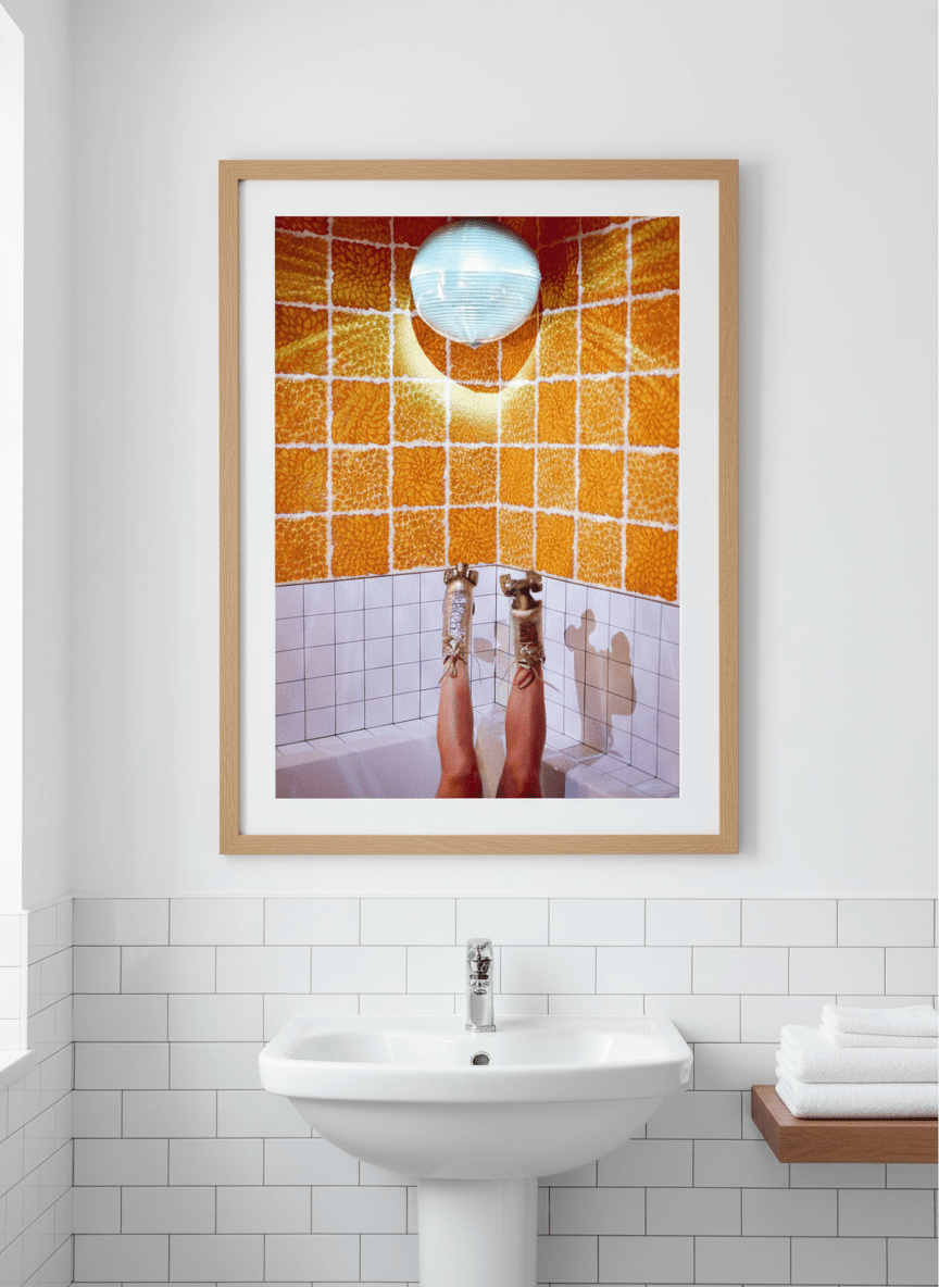 Modern print displayed in a clean minimalist bathroom setting