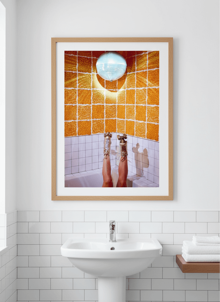 Modern print displayed in a clean minimalist bathroom setting