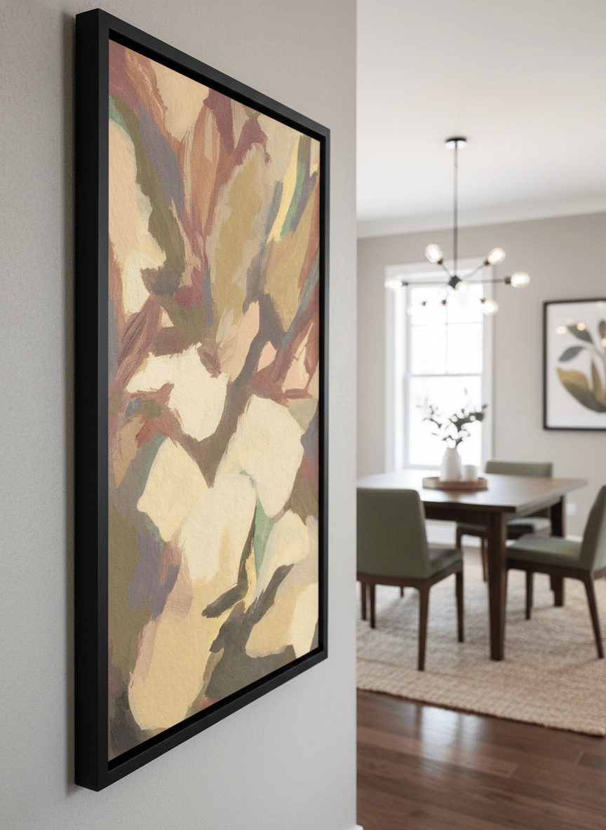 Wall art styled above a dining table in a contemporary home