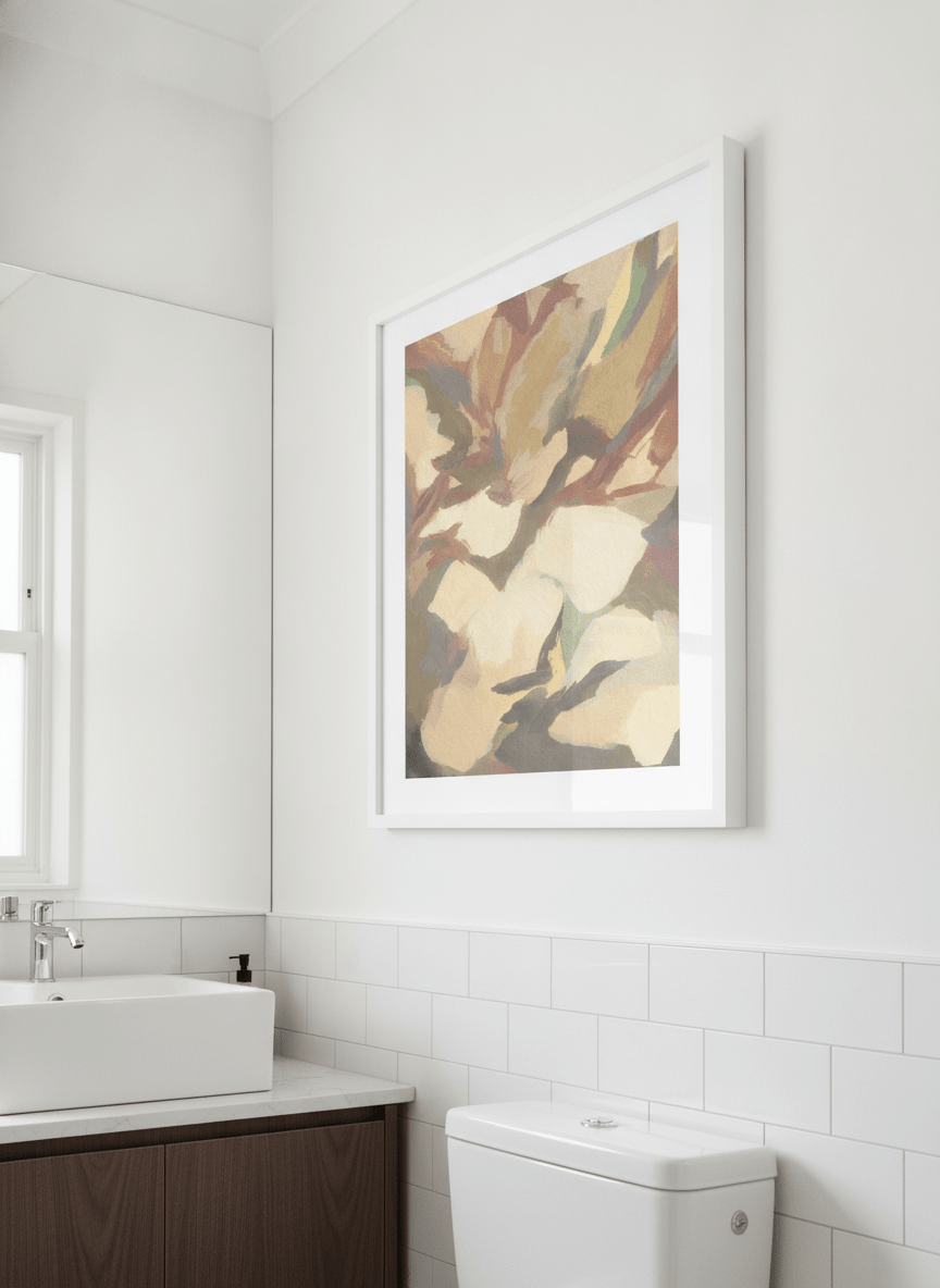 Modern print displayed in a clean minimalist bathroom setting