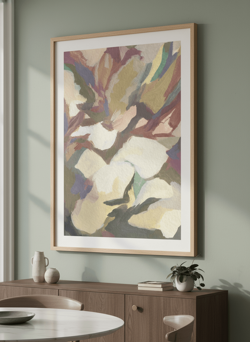 Wall art styled above a dining table in a contemporary home
