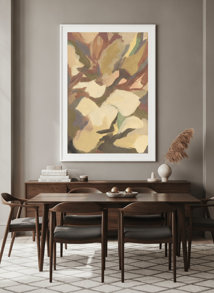Monumental artwork centred on a feature wall in a luxe interior