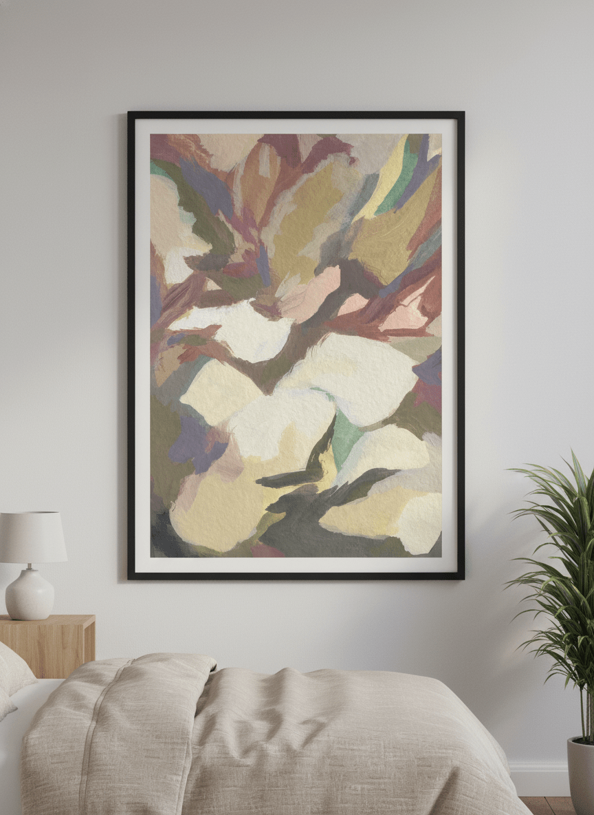 Minimalist artwork displayed in a calm, light-filled bedroom interior