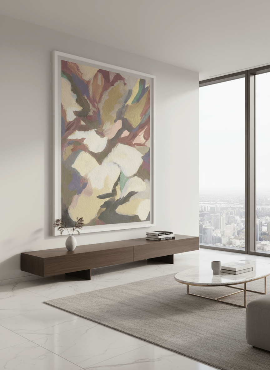 Monumental artwork centred on a feature wall in a luxe interior