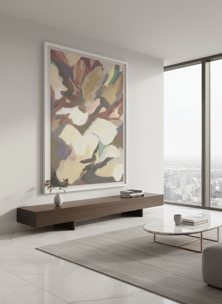 Monumental artwork centred on a feature wall in a luxe interior