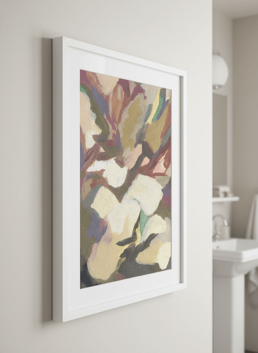 Modern print displayed in a clean minimalist bathroom setting