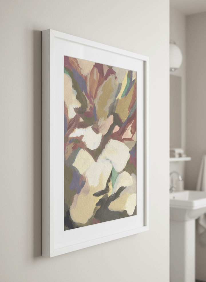 Modern print displayed in a clean minimalist bathroom setting