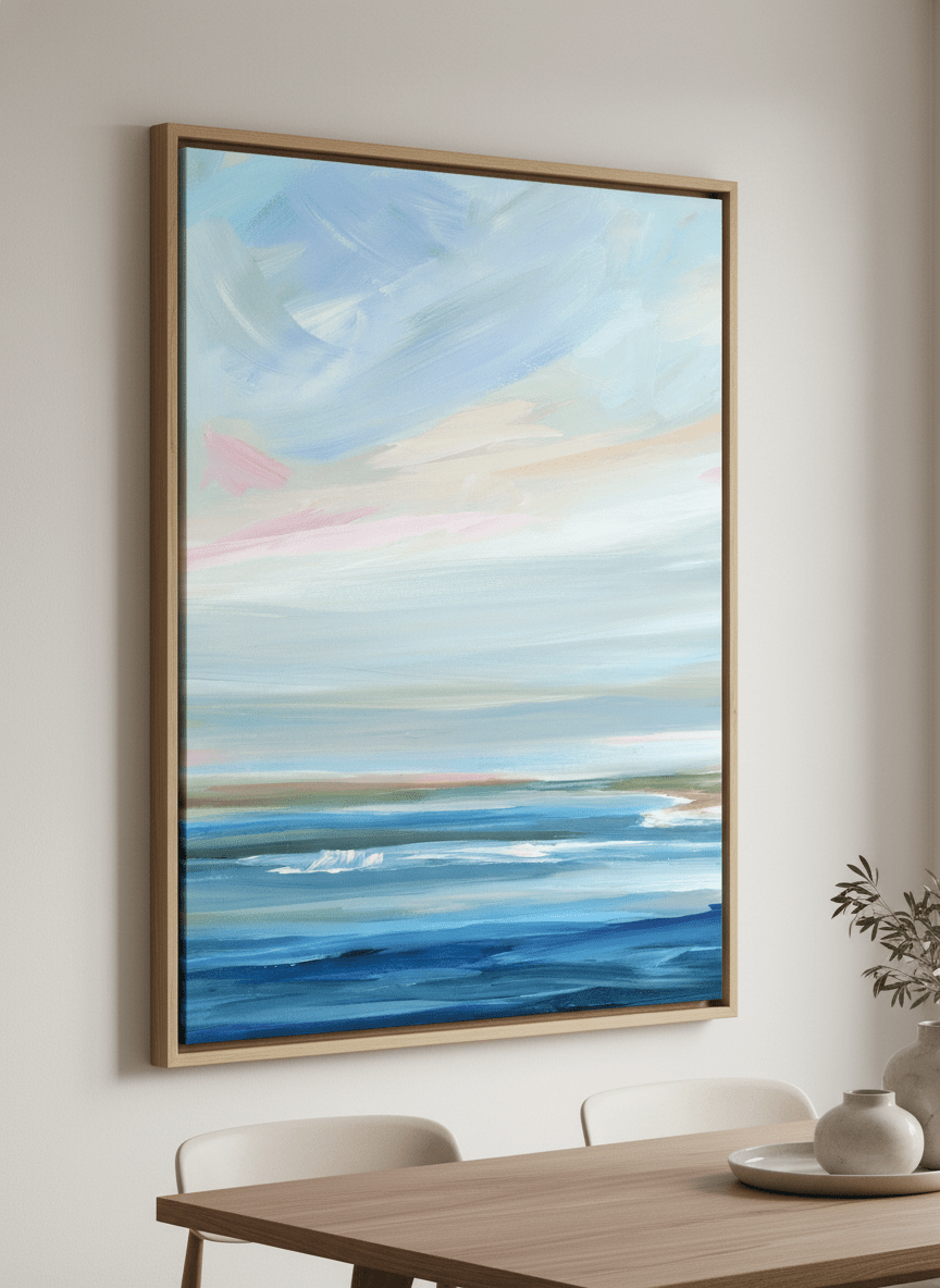 Wall art styled above a dining table in a contemporary home