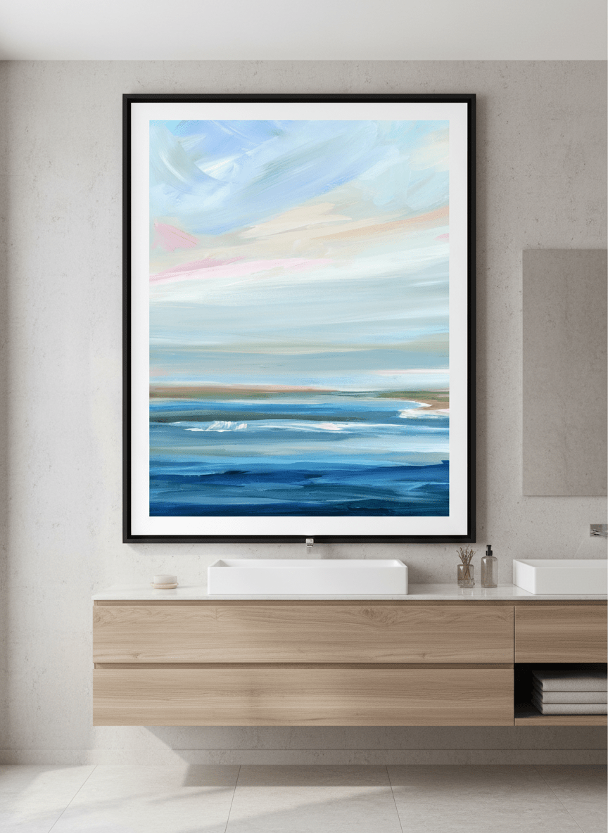 Modern print displayed in a clean minimalist bathroom setting