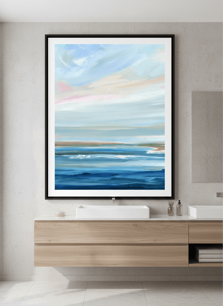 Modern print displayed in a clean minimalist bathroom setting